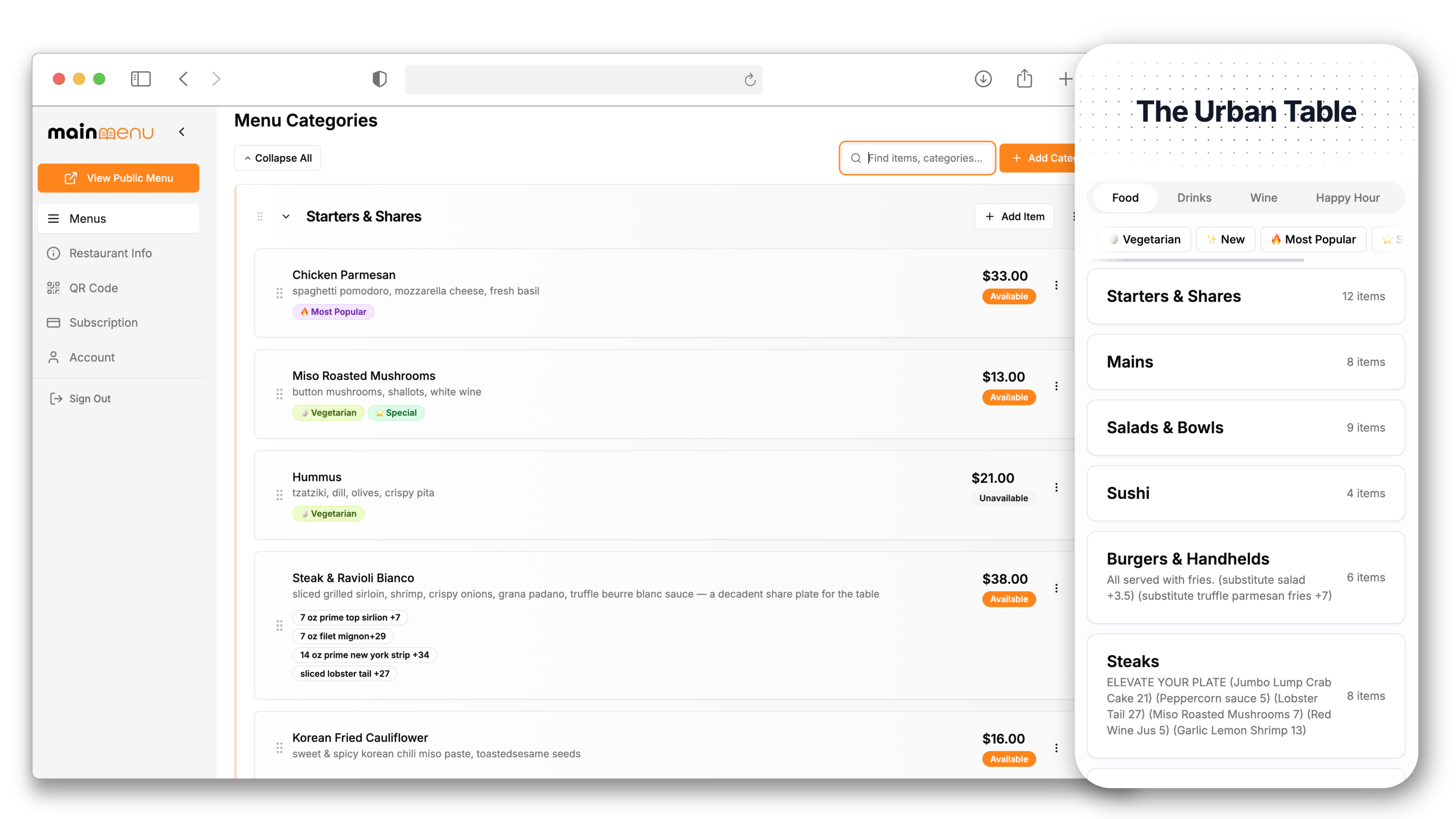 Restaurant menu dashboard preview